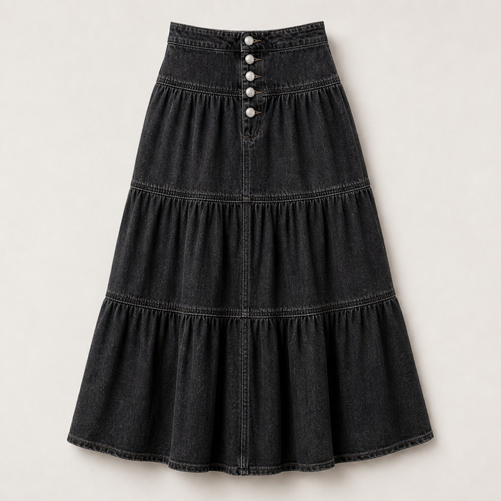 Westbloom – High-Waisted Tiered A-Line Cowboy Denim Maxi Skirt + 50% OFF Black