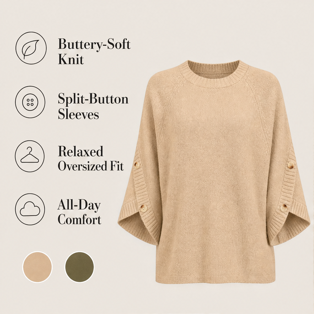 Cassymere – Split-Button Sleeve Oversized Knit Pullover + 50% OFF features