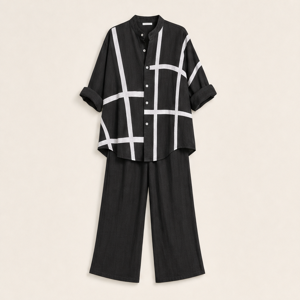 Linalour – Breathable Grid-Print Shirt &amp; Wide-Leg Pants Set + 50% OFF Black
