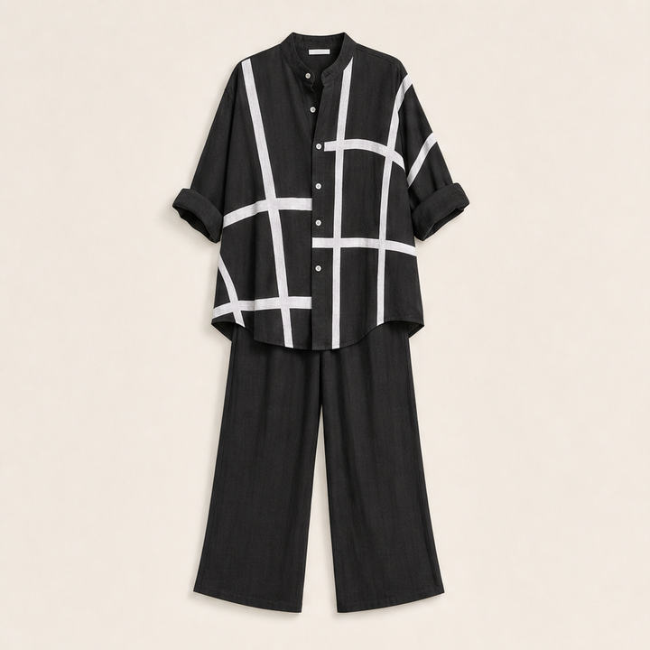 Linalour – Breathable Grid-Print Shirt &amp; Wide-Leg Pants Set + 50% OFF Black