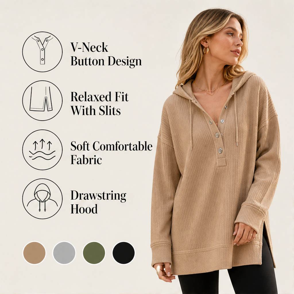 Ribwick – Ribbed Knit V-Neck Hooded Pullover with Side Slits + 50% OFF features