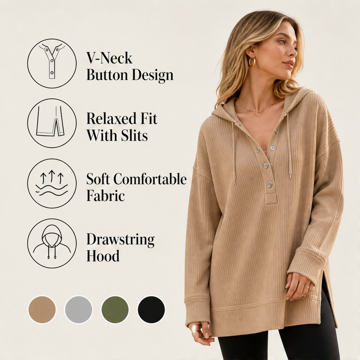 Ribwick – Ribbed Knit V-Neck Hooded Pullover with Side Slits + 50% OFF features