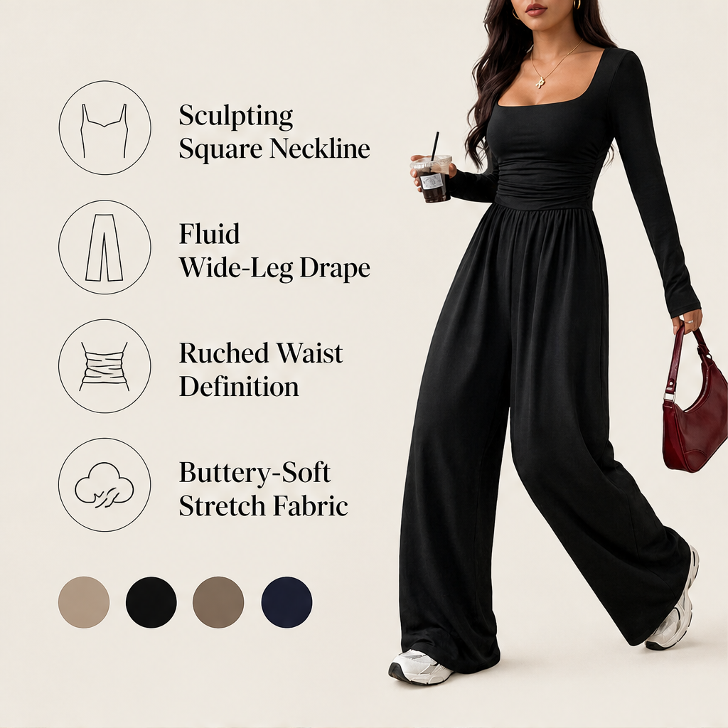 Verawide – Square-Neck Ruched-Waist Wide-Leg Jumpsuit + 50% OFF features