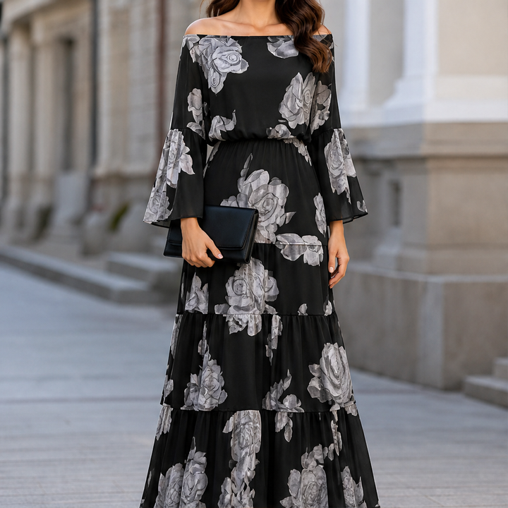 Rosemere – Off-Shoulder Floral Ruffle Hem Maxi Dress + 50% OFF Black