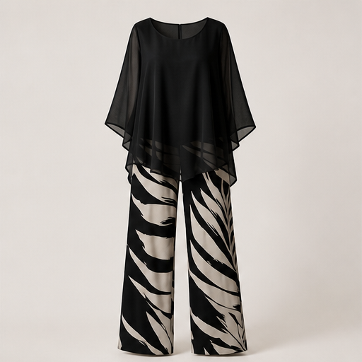 Vaelora – Flowy Chiffon Top &amp; Wide-Leg Printed Pants Matching Set + 50% OFF Black