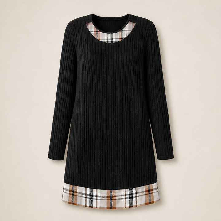 Knitfold – Layered-Look Ribbed Knit Tunic Dress with Plaid Trim + 50% OFF Black