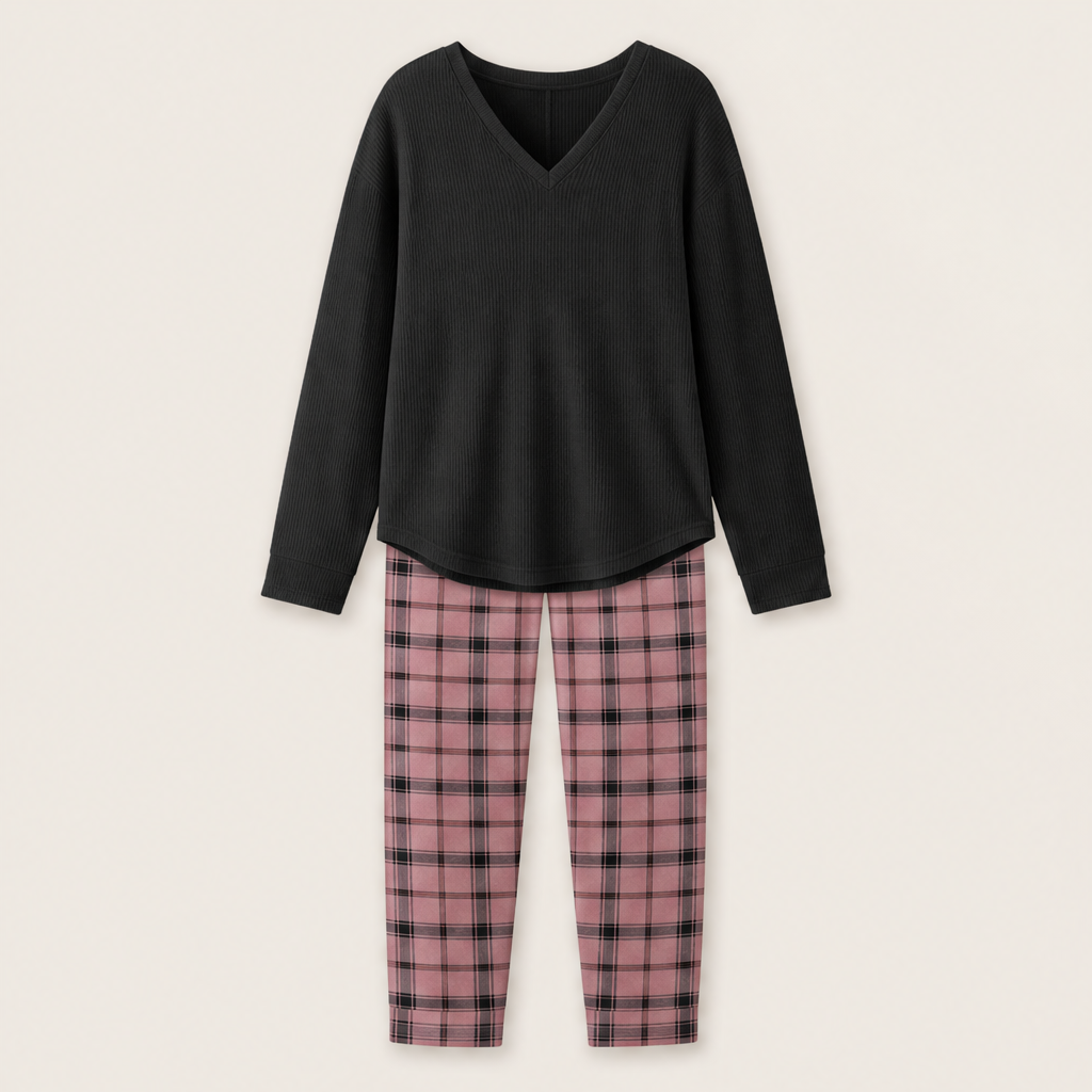 Nestcove – Ribbed Knit Top and Plaid Legging Loungewear Set + 50% OFF Black