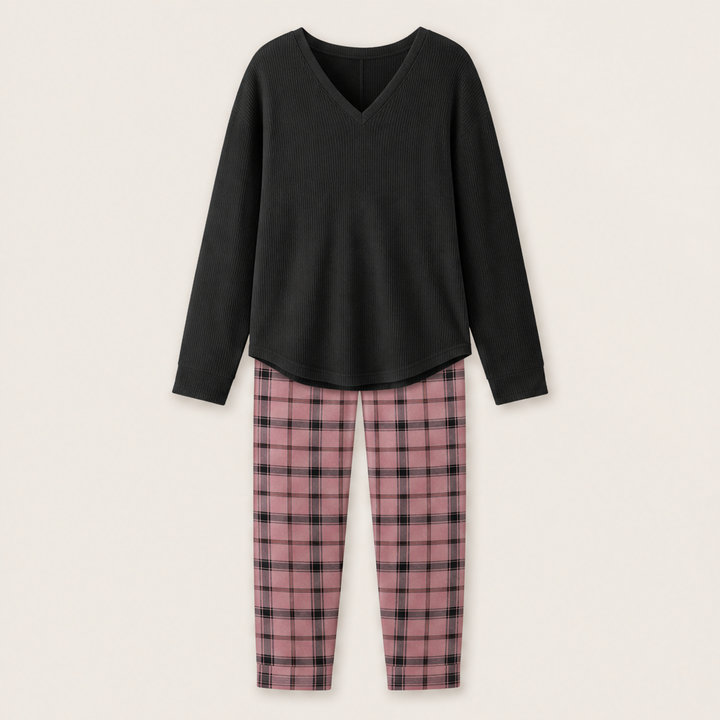 Nestcove – Ribbed Knit Top and Plaid Legging Loungewear Set + 50% OFF Black