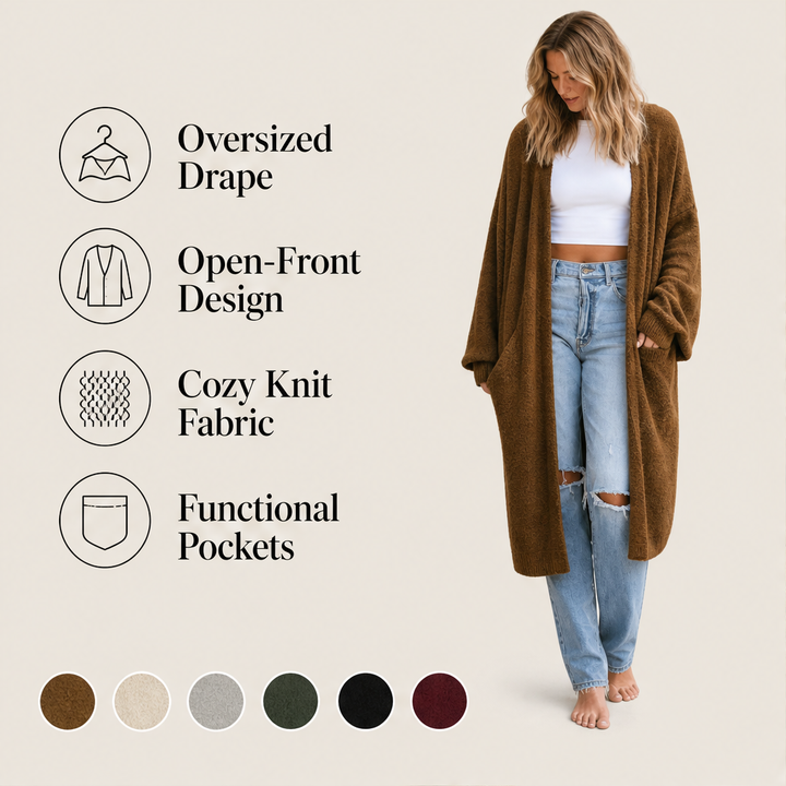 Draperlyn – Oversized Open-Front Knit Cardigan with Pockets + 50% OFF features