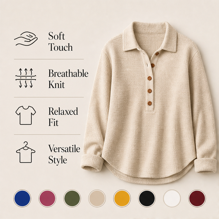 Cozeloom – Waffle Knit Long Sleeve Henley Top + 50% OFF features
