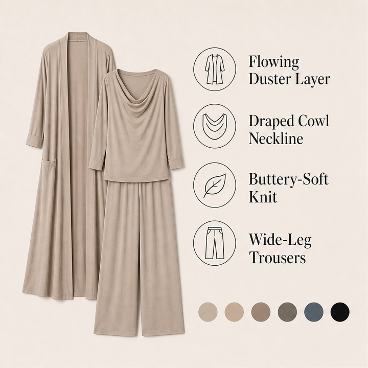 Cowlden – Draped Cowl Top, Wide-Leg Pants &amp; Long Cardigan 3-Piece Set + 50% OFF features