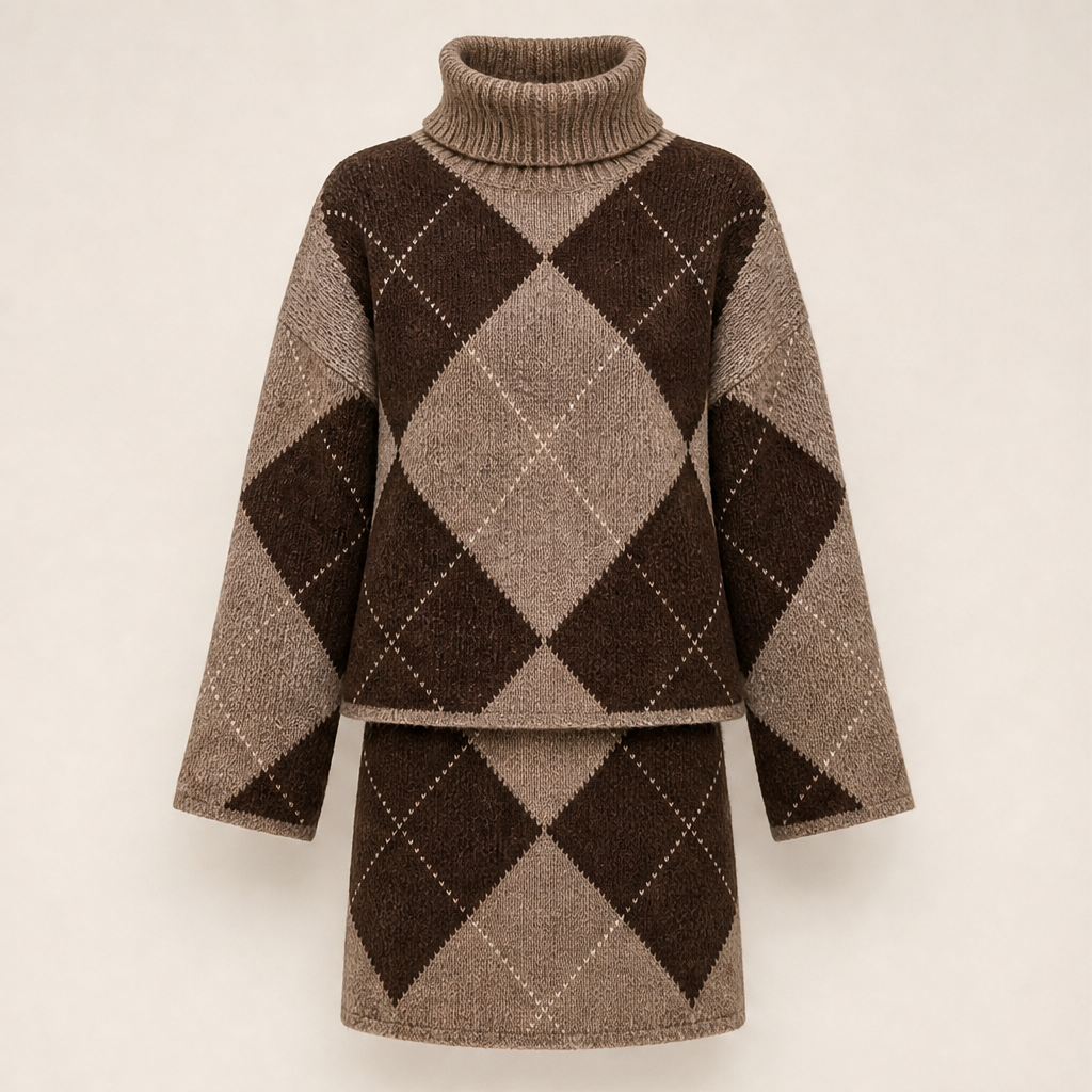 Thornmere – Cosy Argyle Knit Sweater &amp; Skirt Set + 50% OFF Brown