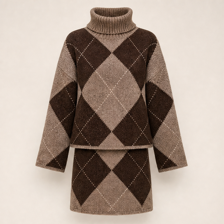 Thornmere – Cosy Argyle Knit Sweater &amp; Skirt Set + 50% OFF Brown