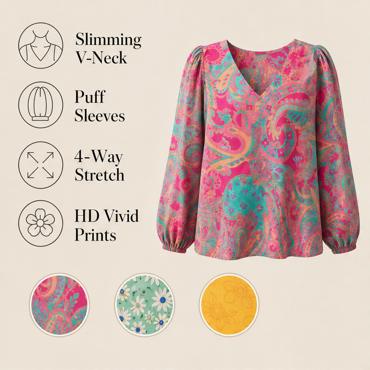 Paisleigh – V-Neck Puff Sleeve Printed Loose Top + 50% OFF features