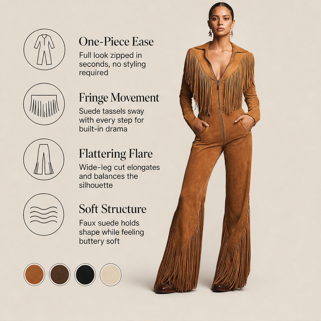 Sagebrush – Western Fringe Faux Suede Zip-Up Jumpsuit + 50% OFF features
