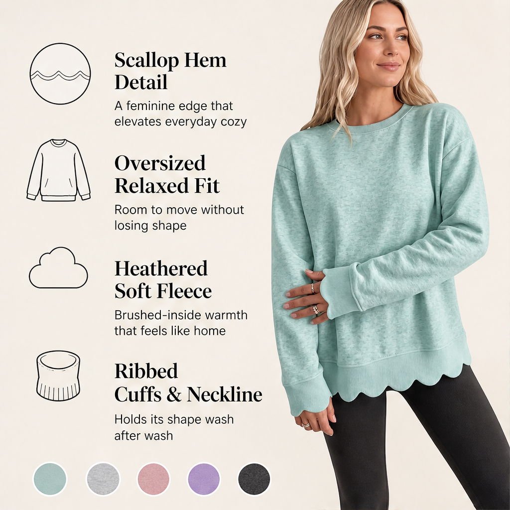 Wavella – Scalloped Hem Oversized Crew Sweatshirt + 50% OFF features