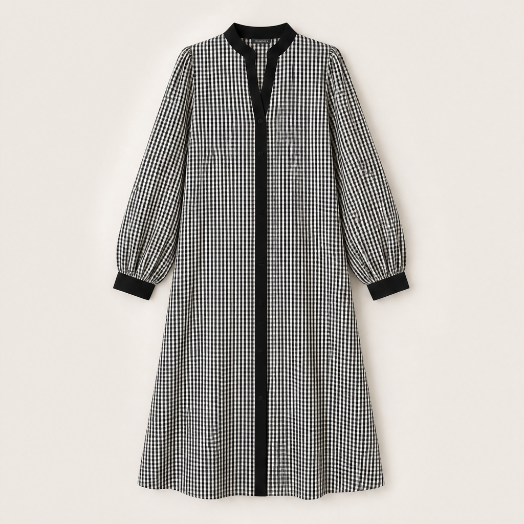 Marlowick – Contrast Trim Gingham A-Line Shirt Dress + 50% OFF Black