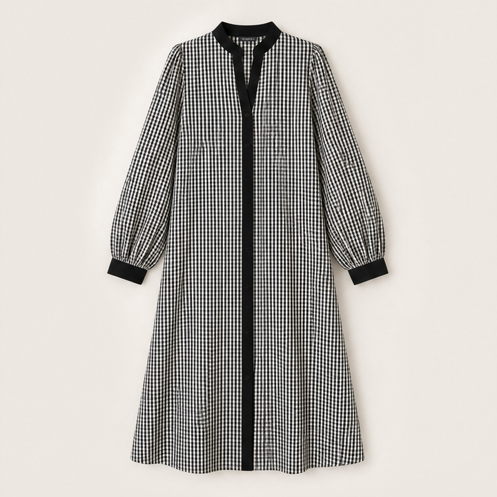 Marlowick – Contrast Trim Gingham A-Line Shirt Dress + 50% OFF Black