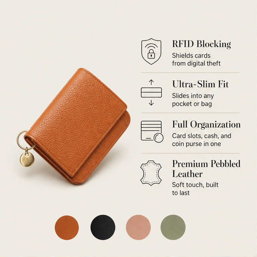 Pocketleigh – RFID-Blocking Pebbled Leather Card Holder with Key Ring + 50% OFF features