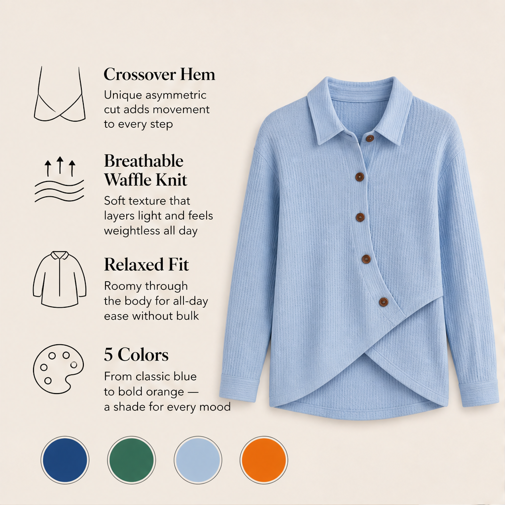 Willowick – Crossover Hem Waffle Knit Button Top + 50% OFF features