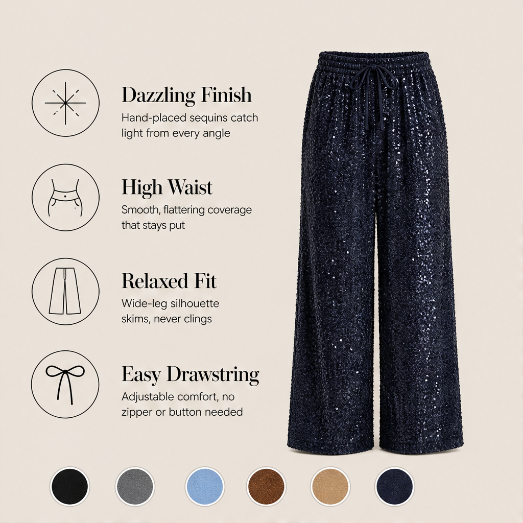 Velvara – Velvet-Backed Sequin Wide-Leg Trousers + 50% OFF features