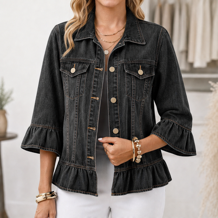 Ruffleigh – Ruffle Cuff Peplum Fit Washed Denim Jacket + 50% OFF Black