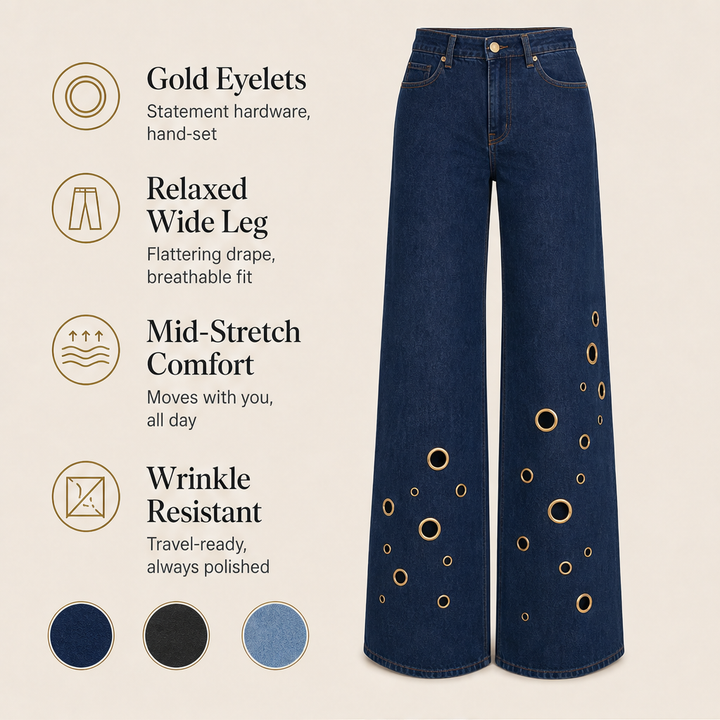 Marlowick – Vintage Wide-Leg Jeans with Gold Eyelet Detail + 50% OFF features