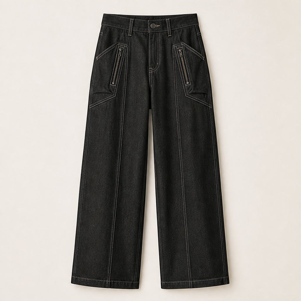 Denwick – Faux Denim Stretch Cargo Pants with Zip Pockets + 50% OFF Black
