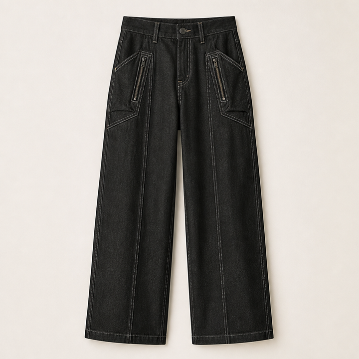 Denwick – Faux Denim Stretch Cargo Pants with Zip Pockets + 50% OFF Black