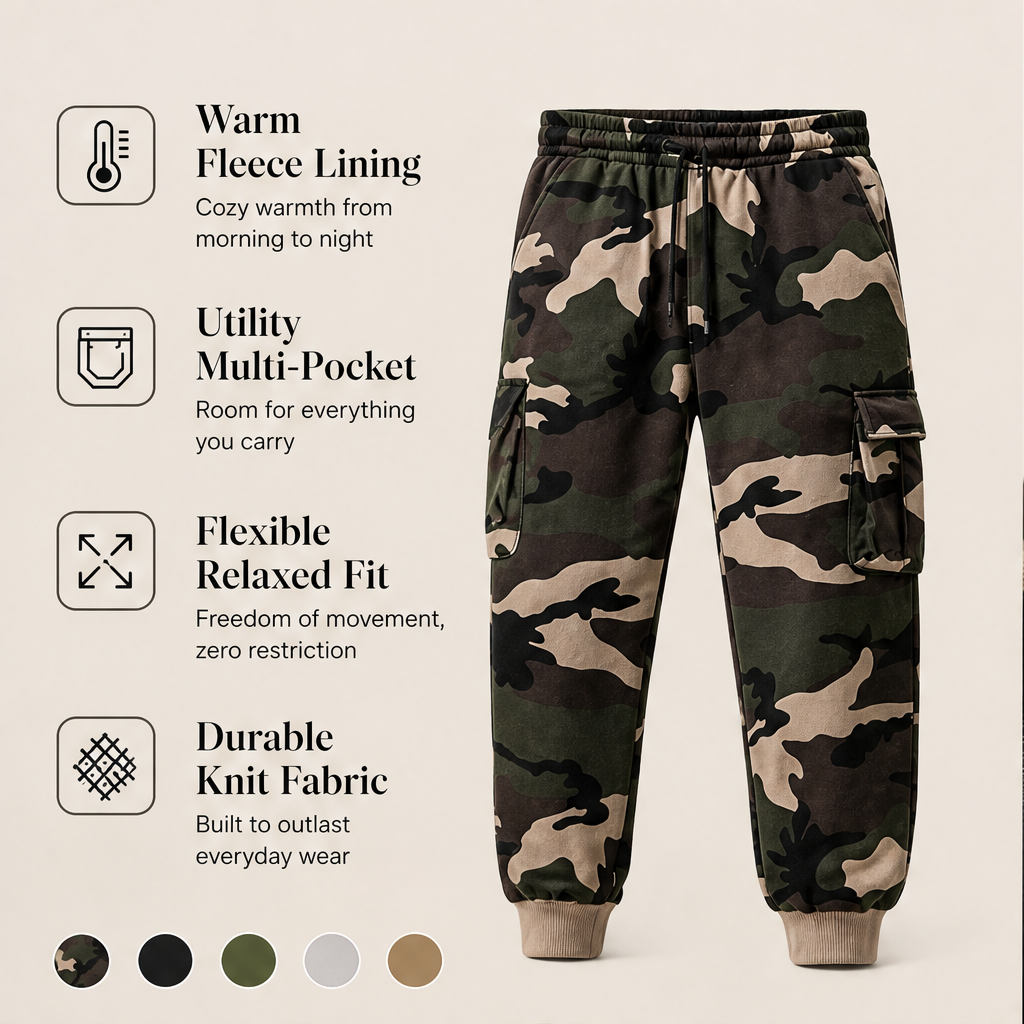 Fernbrook – Fleece-Lined Camo Jogger Cargo Pants + 50% OFF features