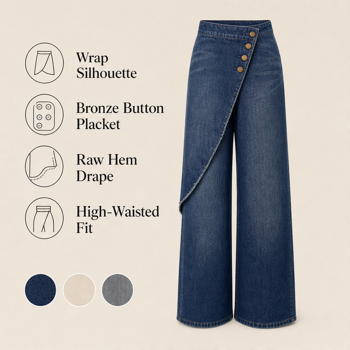 Marlowick – Asymmetrical Wrap-Front High-Waist Wide-Leg Jeans + 50% OFF features
