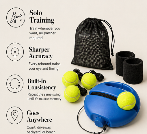 Rallywick – Solo Rebound Tennis Trainer with Cord Balls &amp; Mesh Bag + 50% OFF features