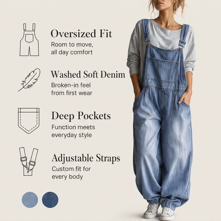 Wanderloom – Oversized Adjustable-Strap Washed Denim Overalls + 50% OFF features