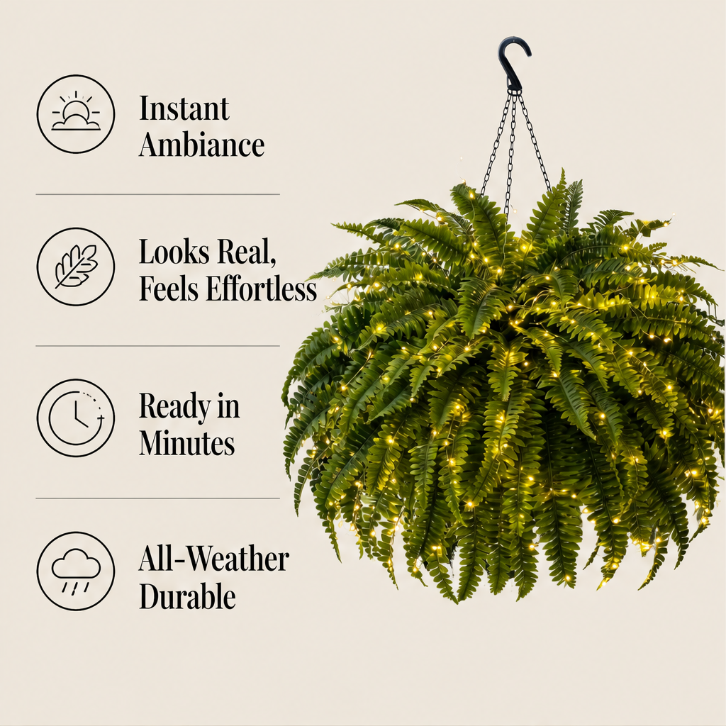 Fernglow – Lit Boston Fern, No Watering Hanging Plant + 50% OFF features