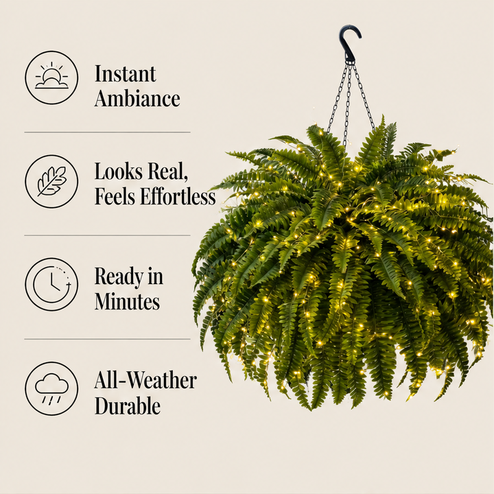 Fernglow – Lit Boston Fern, No Watering Hanging Plant + 50% OFF features
