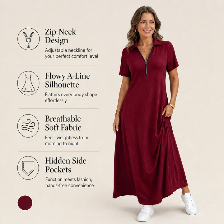 Marlowen – Zip-Neck Soft Knit Flowy Maxi Dress + 50% OFF features