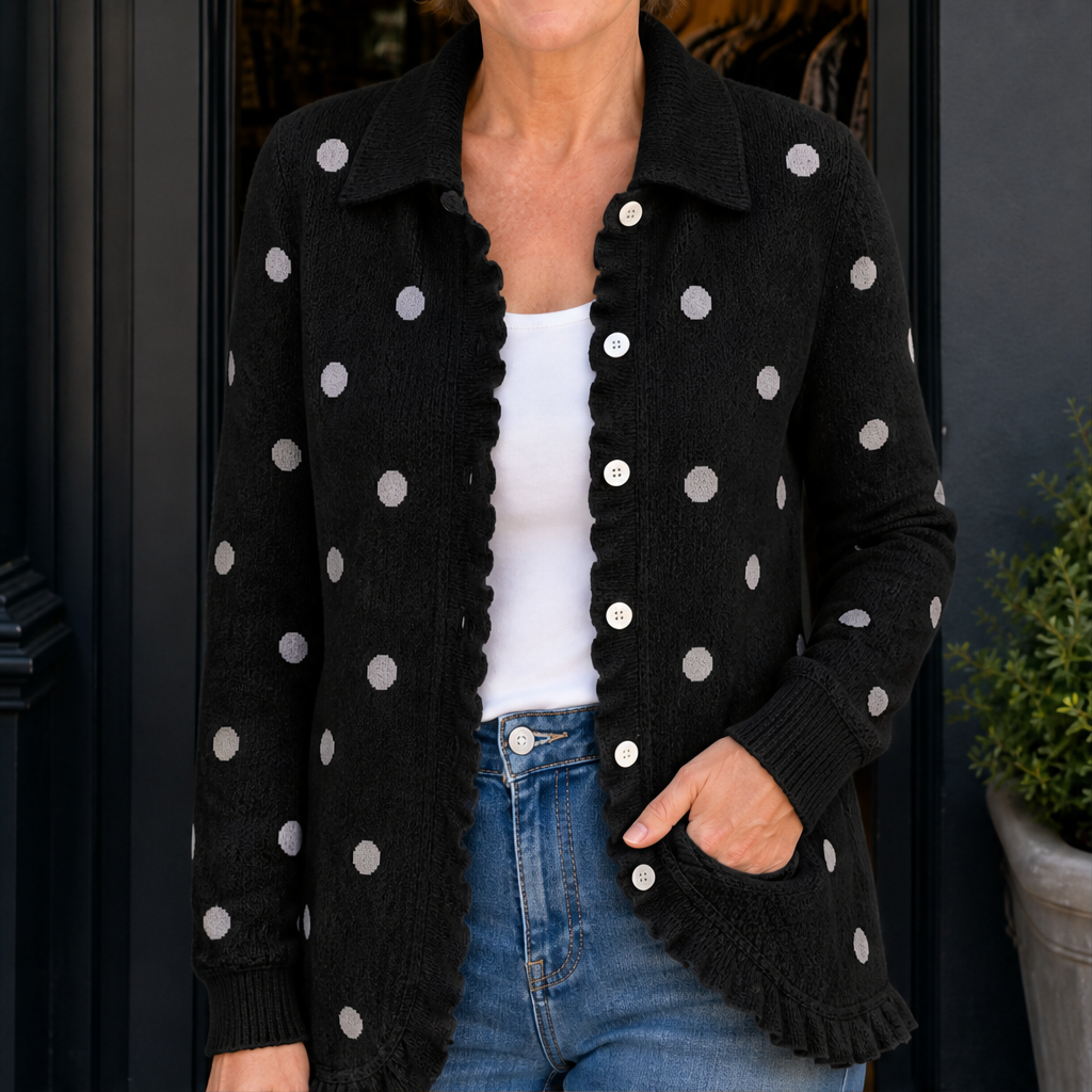 Marlowick – Ruffle Trim Polka Dot Knit Cardigan + 50% OFF Black