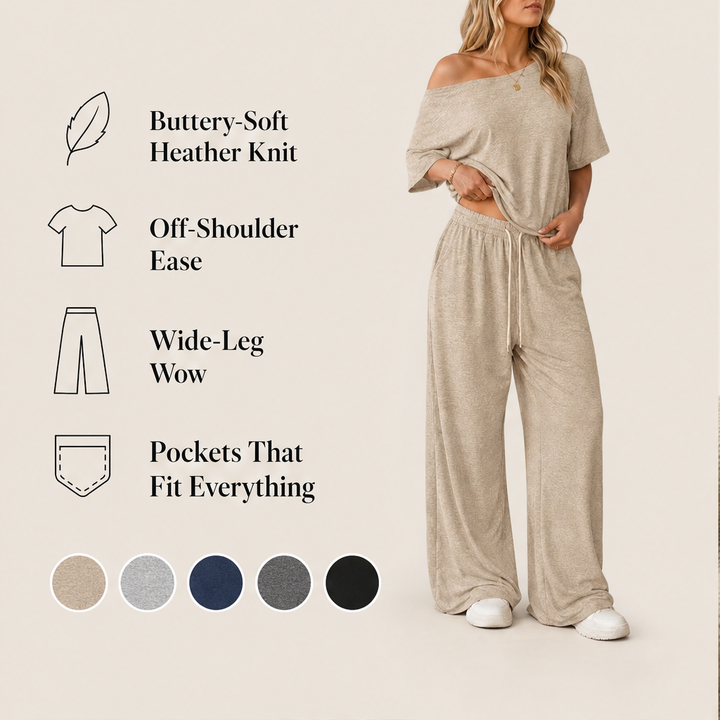 Cloudmere – Off-Shoulder Top &amp; Wide-Leg Pants Lounge Set + 50% OFF features