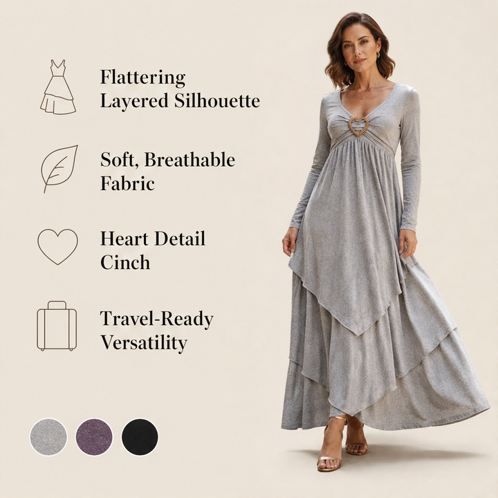 Tierwyn – Slimming A-Line Layered Maxi Dress with Heart Detail + 50% OFF features