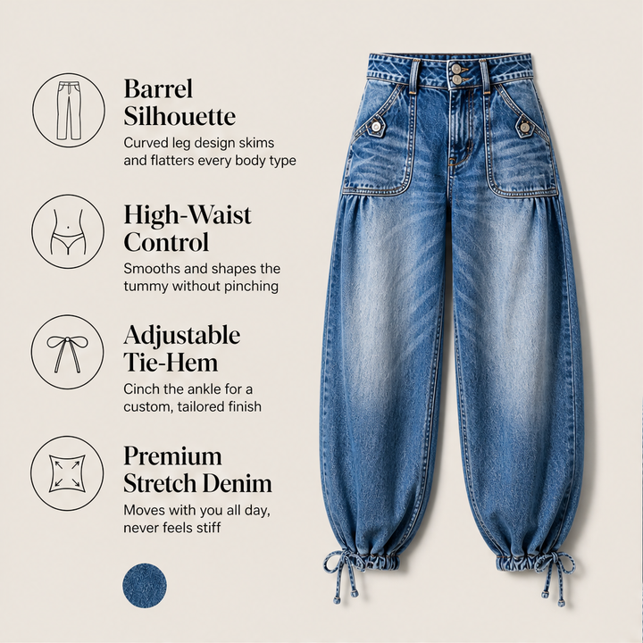 Barrelune – High Waisted Stretch Barrel Jeans with Tie Ankle Hem + 50% OFF features