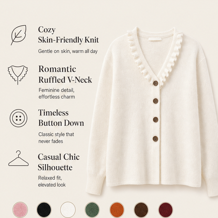 Cozelle – Ruffle Collar Soft Knit Button-Down Cardigan + 50% OFF features