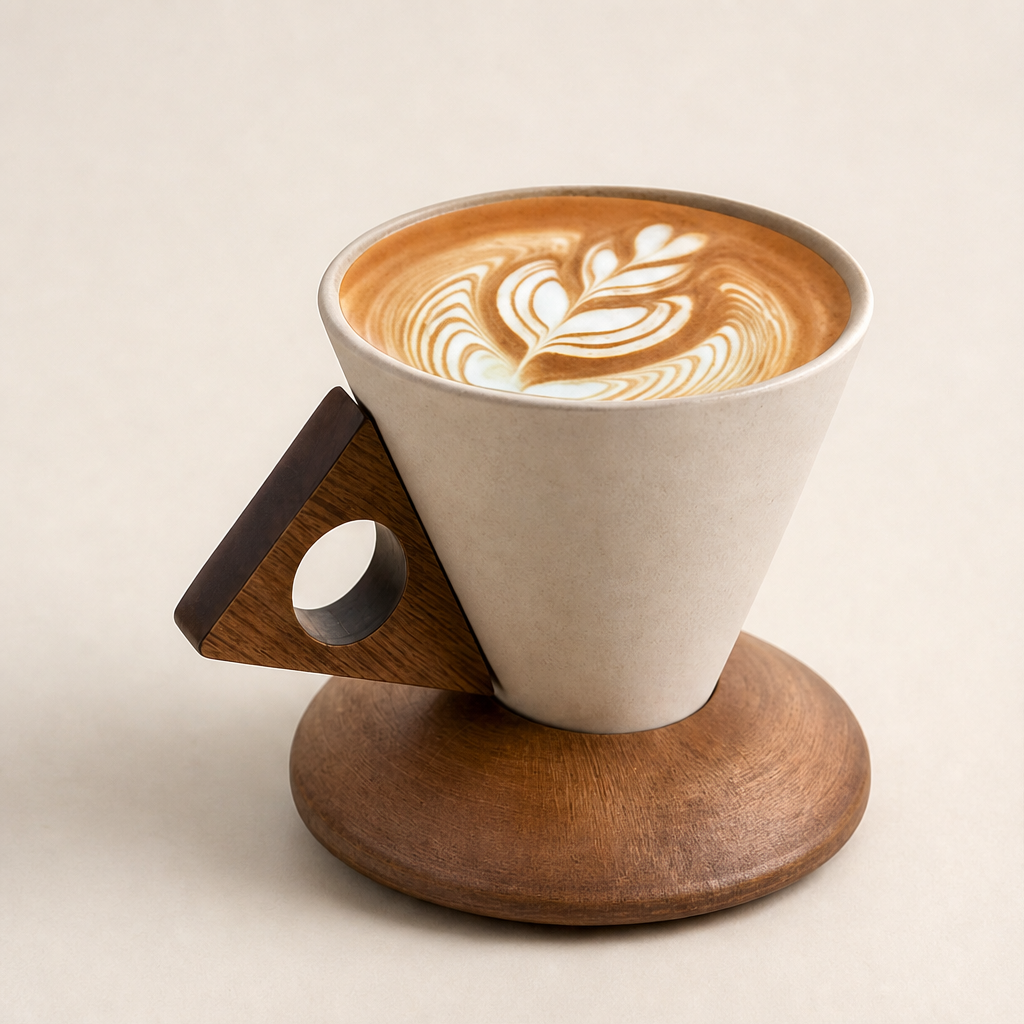 Acorra – Conical Ceramic Coffee Cup with Wood Handle &amp; Base + 50% OFF Beige