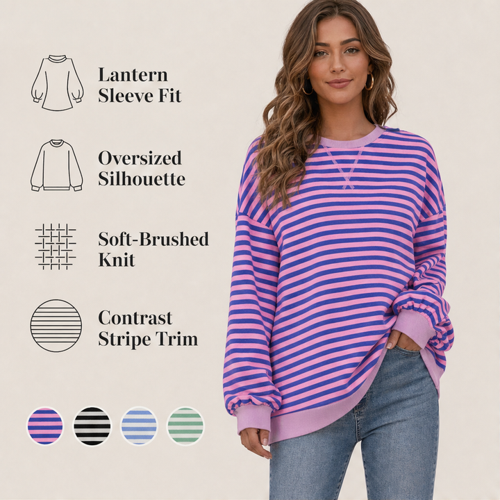 Cozelle – Striped Lantern-Sleeve Oversized Pullover Sweatshirt + 50% OFF features