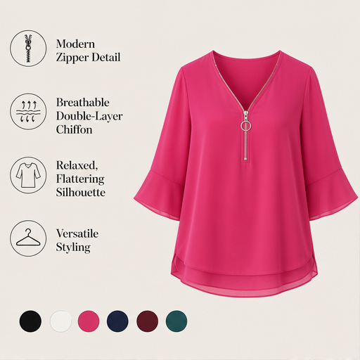 Silkaven – Double-Layer Zipper V-Neck Flowy Chiffon Top + 50% OFF features