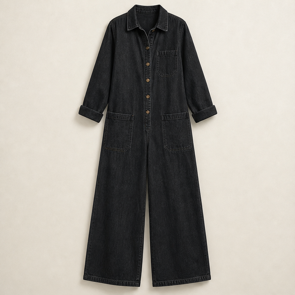 Wrenfield – Collared Wide-Leg Denim Jumpsuit + 50% OFF Black