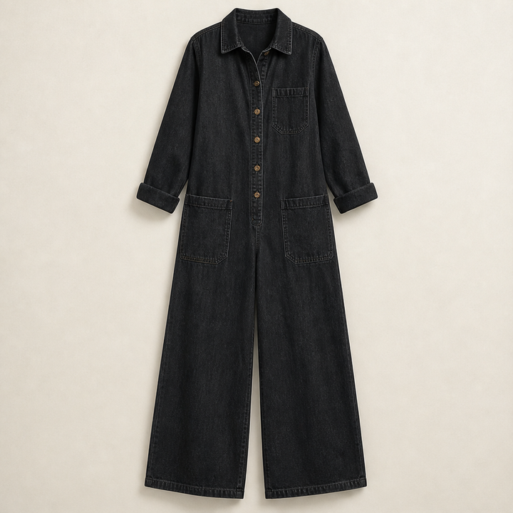 Wrenfield – Collared Wide-Leg Denim Jumpsuit + 50% OFF Black