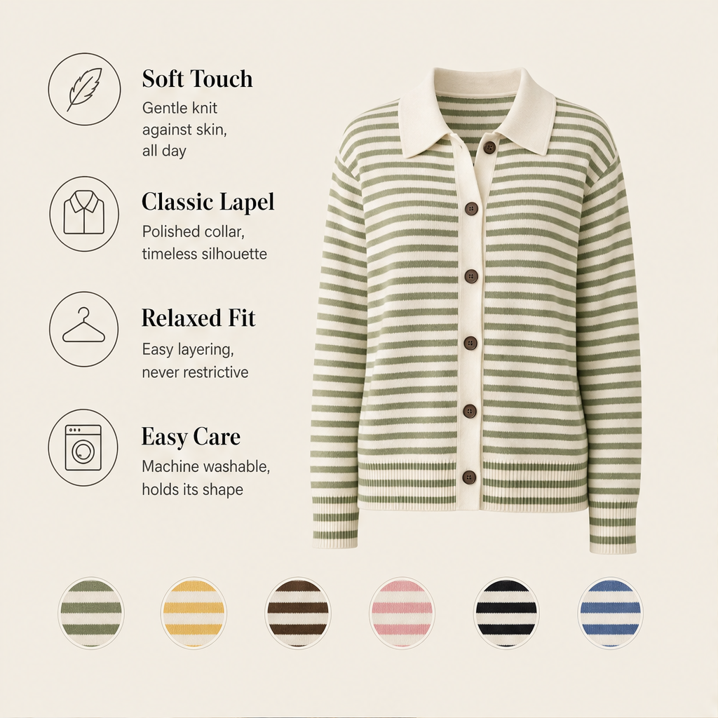 Willowknit – Cozy Striped Knit Collar Cardigan + 50% OFF features