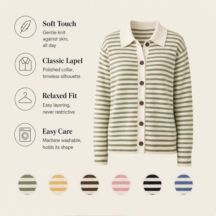Willowknit – Cozy Striped Knit Collar Cardigan + 50% OFF features