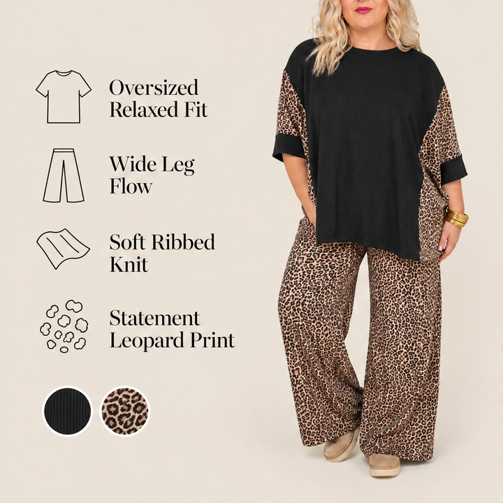 Fauxpelle – Oversized Tunic &amp; Wide-Leg Pants Leopard Two-Piece Set + 50% OFF features