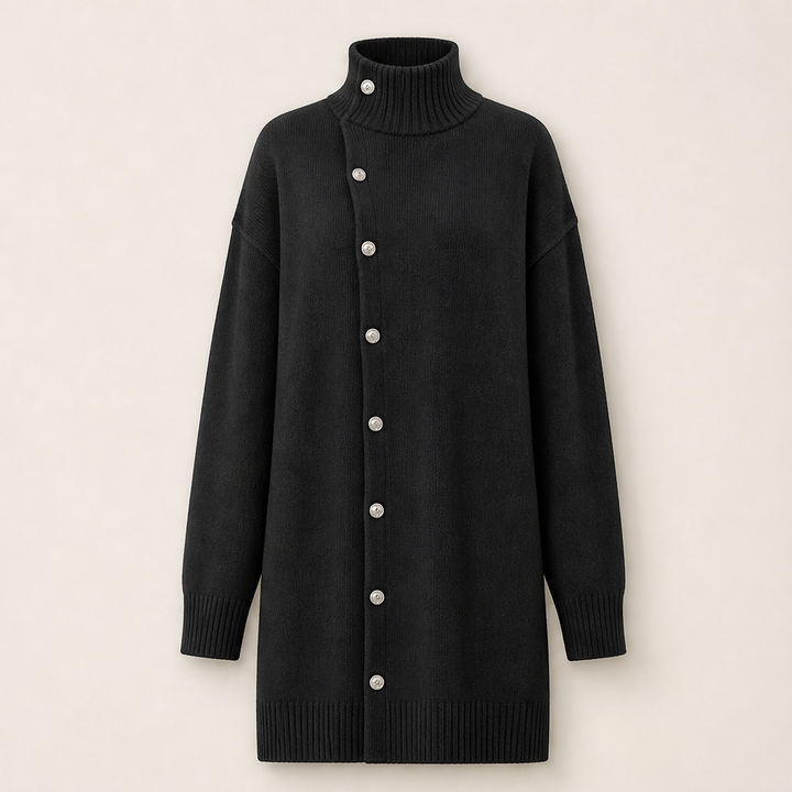 Millbron – Oversized Turtleneck Cardigan with Asymmetrical Buttons + 50% OFF Black